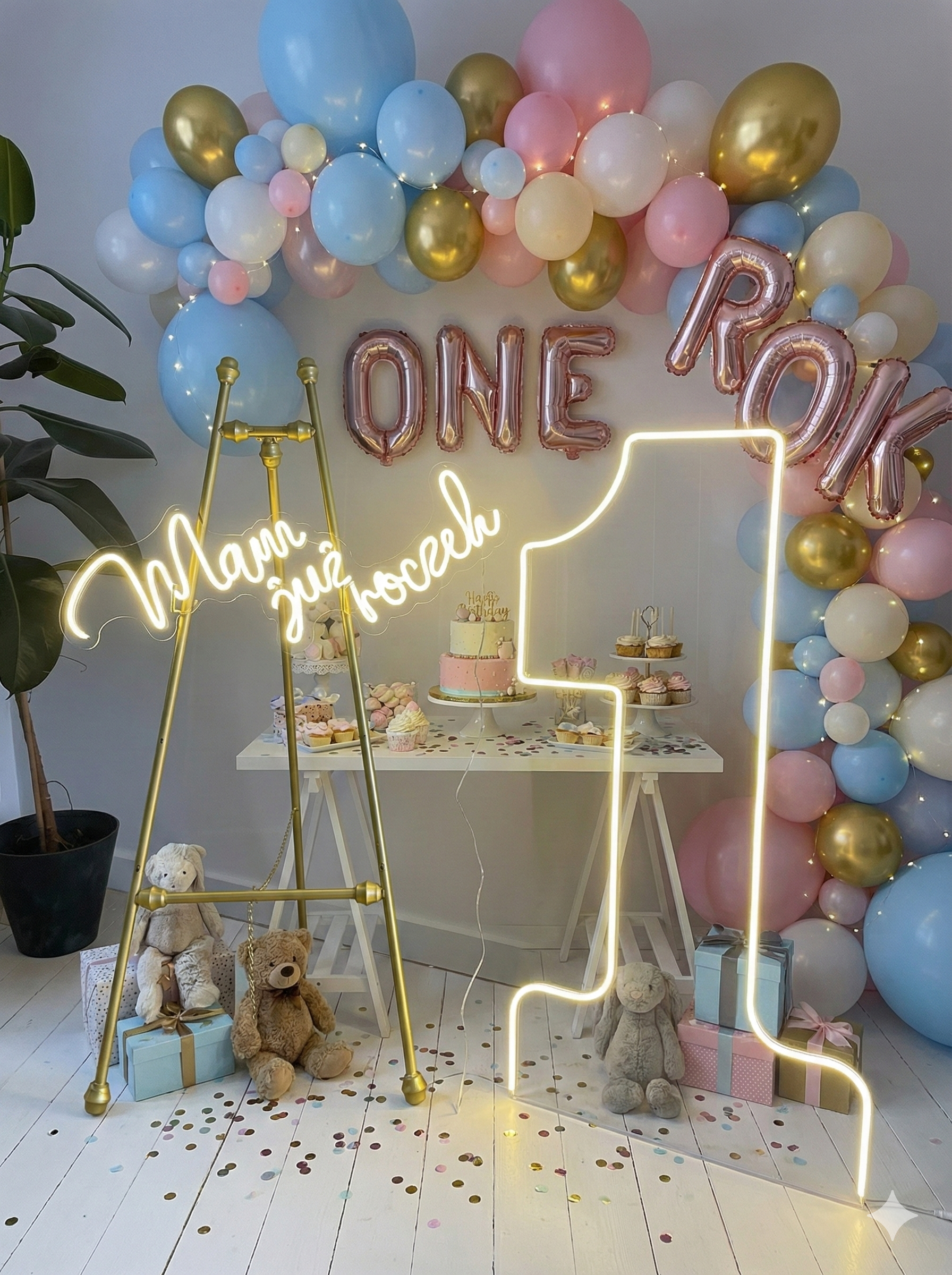 Neon LED "Mam już roczek" + Cyfra 1 – Zestaw Dekoracyjny