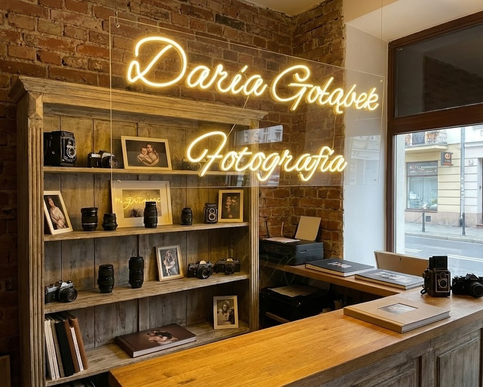 Personalizowany neon do studia fotograficznego. Logo świetlne stanowiące element identyfikacji wizualnej i tło do sesji.