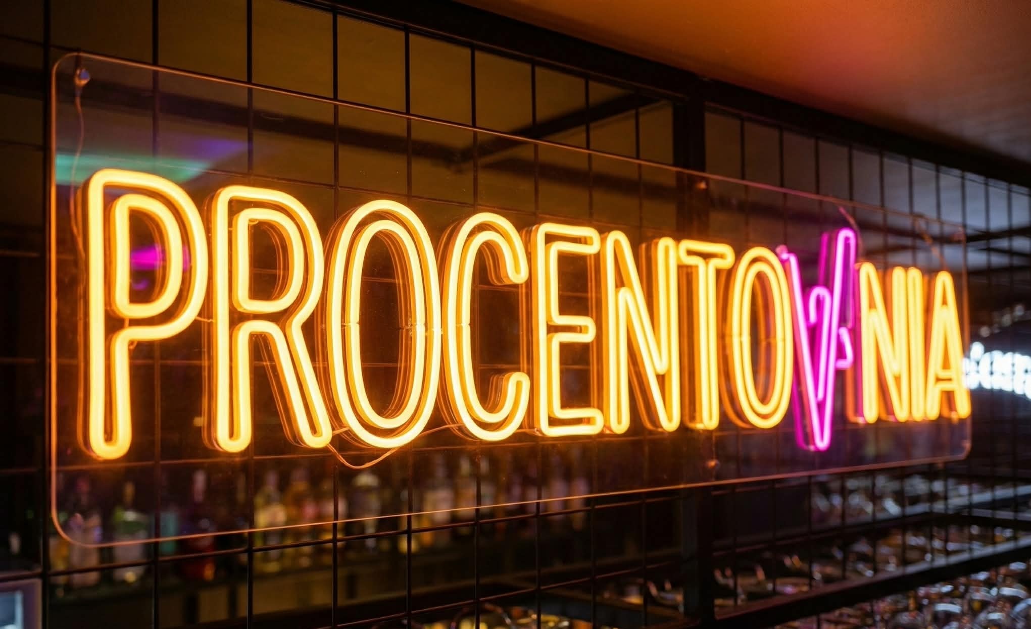 Klimatyczny napis neonowy z logo pubu. Wyrazista reklama świetlna budująca atmosferę w lokalu.