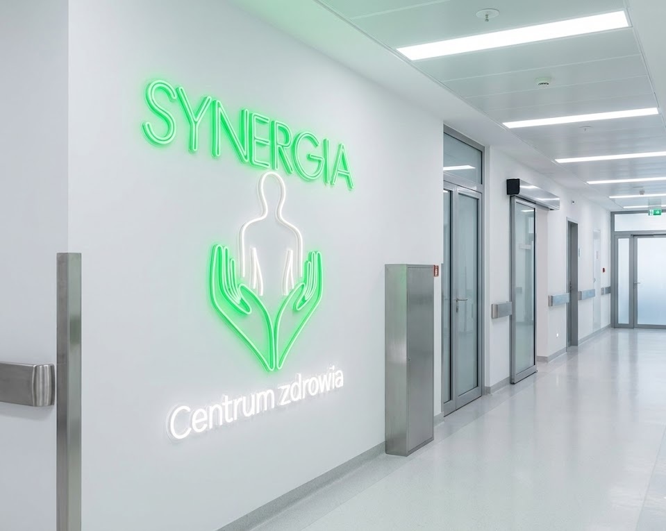 Profesjonalne logo świetlne dla centrum medycznego. Estetyczny i czytelny neon LED do recepcji w przychodni.