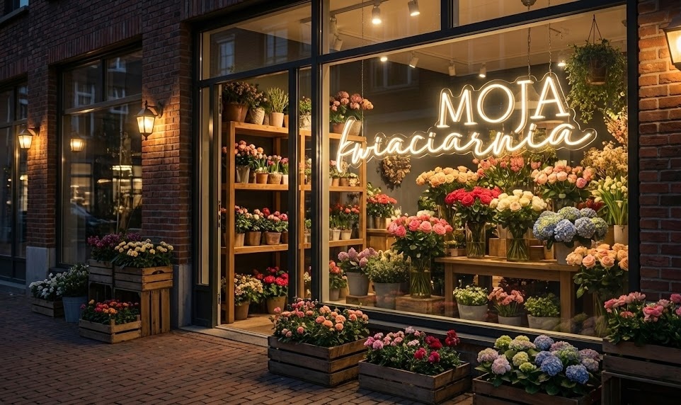 Subtelny neon LED z logo kwiaciarni. Estetyczna reklama świetlna do witryny lub wnętrza sklepu z kwiatami.