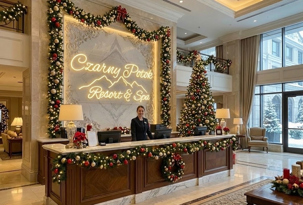 Elegancki neon z nazwą hotelu zamontowany w recepcji. Prestiżowe oznakowanie świetlne dla branży hotelarskiej.