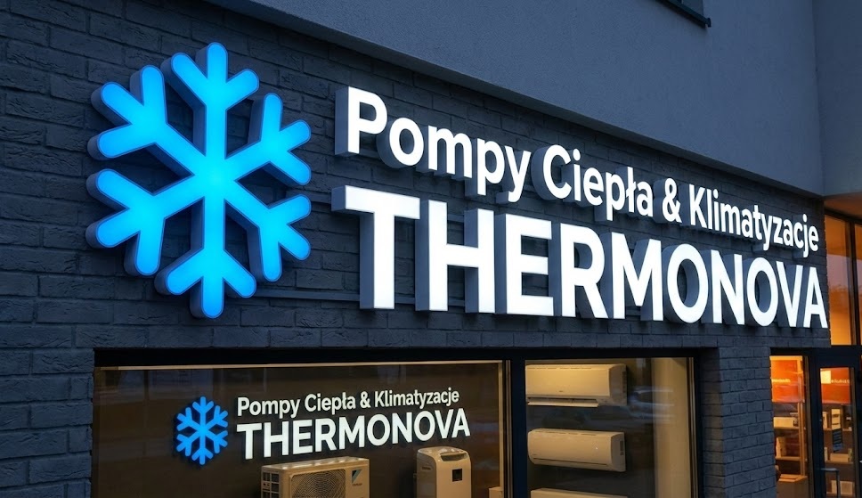 Wodoodporny neon zewnętrzny na elewację firmy usługowej. Świecący napis reklamowy "Klimatyzacje & Pompy Ciepła".