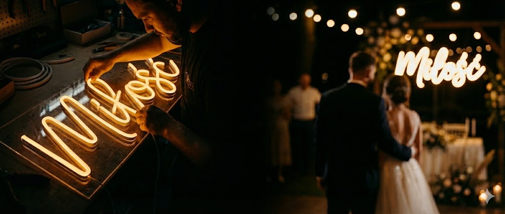 Ciemny, elegancki baner Neonsens łączący warsztat producenta neonów LED oraz inspirację weselną z neonem.