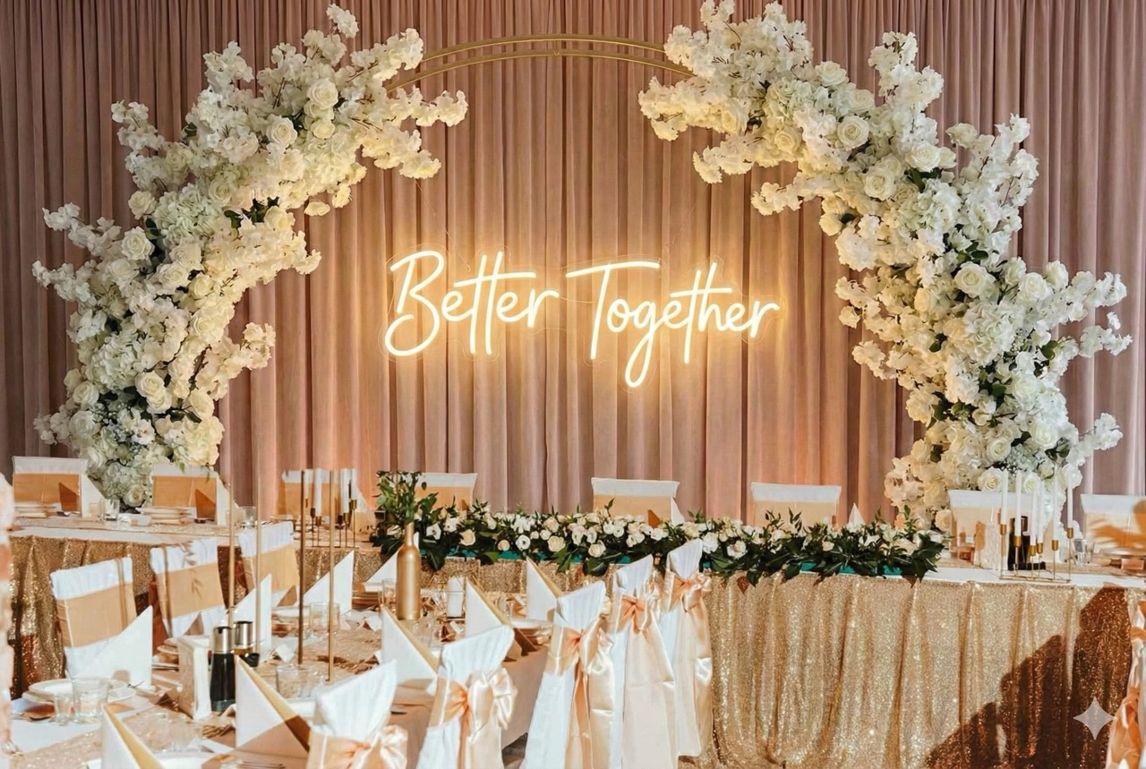 Popularny neon weselny "Better Together" w technologii LED. Gotowy produkt do kupienia dla firm dekoratorskich lub wypożyczenia na imprezę.