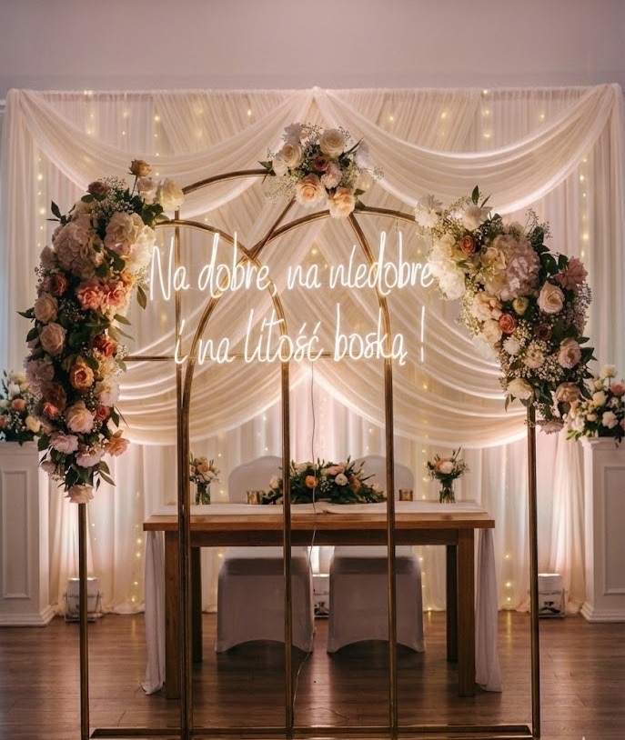 Duży napis neonowy "Na dobre, na niedobre i na litość boską" zawieszony na metalowym stelażu. Oferta produkcji i wypożyczalni neonów.