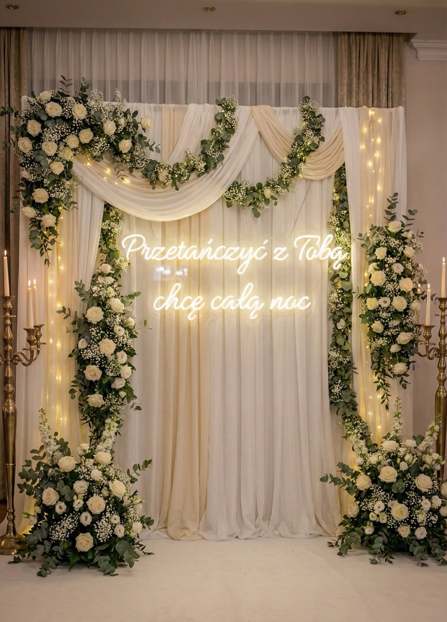 Duży neon LED z tekstem piosenki "Przetańczyć z Tobą chcę całą noc". Napis świetlny dostępny w ofercie wypożyczalni oraz sprzedaży.