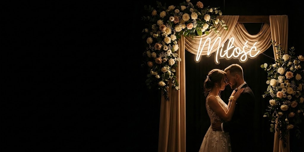 Ciemny, elegancki baner Neonsens łączący warsztat producenta neonów LED oraz inspirację weselną z neonem.